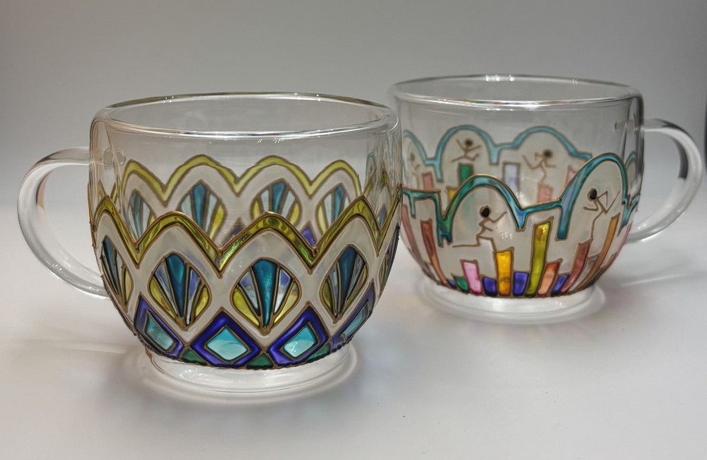 Duo de tasses double paroi — écailles et maisons